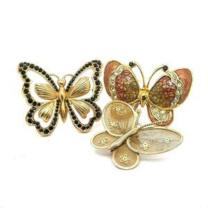 Lot of 3 Costume Jewelry‎ Gold Tone, Rhinestone & Enamel Butterfly Pins! 116